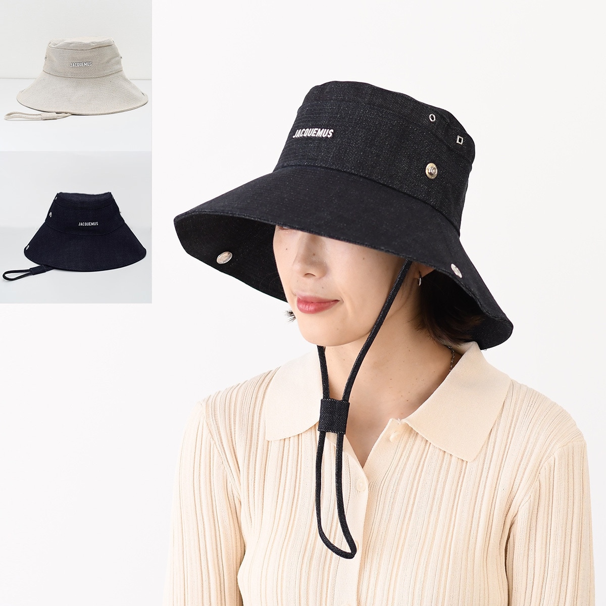 帽子 LE BOB DE-NIMES バケットハット 255AC721 レディース ユニセックス ネイビー ホワイト コットン ロングストラップ バケハ