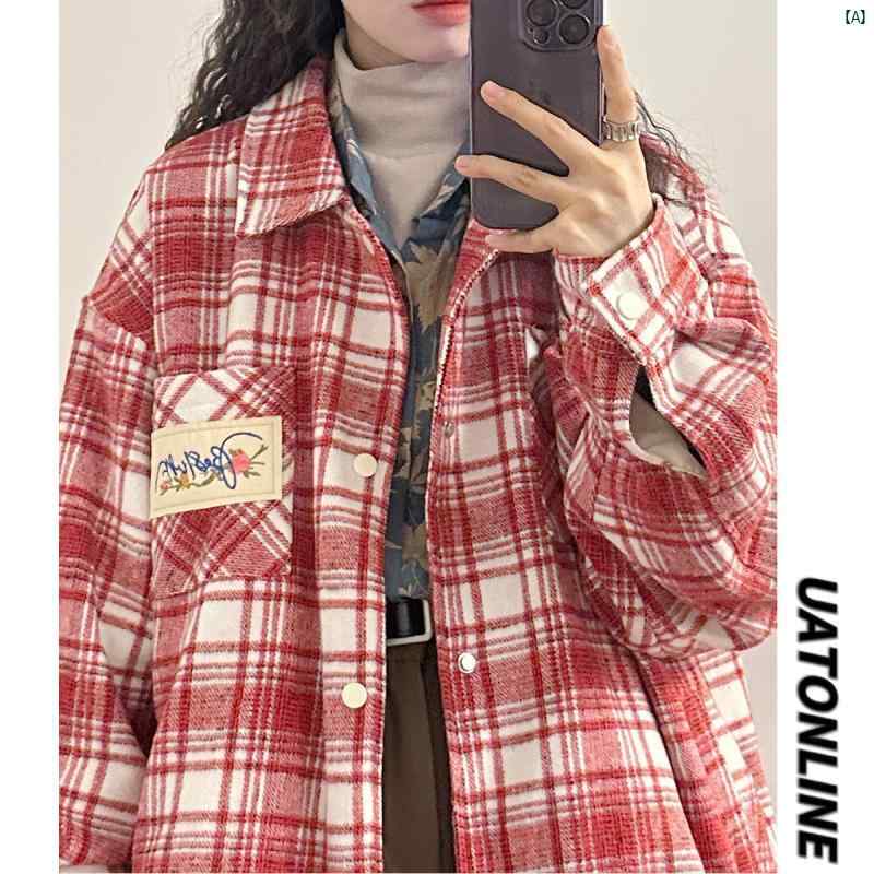 レディース ファッション　レディース　大歳　おしゃれ 春秋 アメリカン レトロ ルーズ パッチ 刺繍 チェック柄 カップル ウール ジャケット メンズレディース