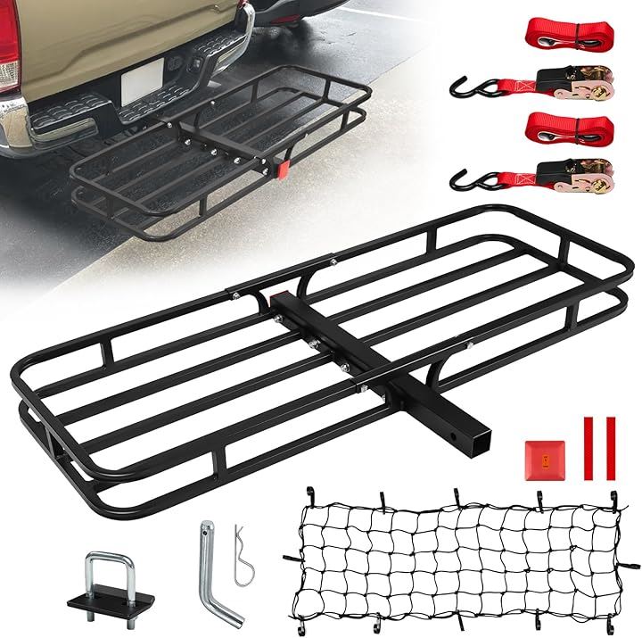 ヒッチキャリア 反射板＆ロックピン＆ガタストップ＆カーゴネット＆ラチェット式ベルト付き スチール製 車用 2インチ/50.8mmに適合 耐荷重226.8kg