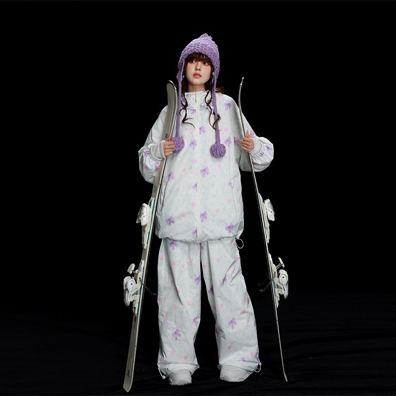 24-25 新作 スキーウェア レディース 可愛い リボン柄 スノーボードウェア アウター ジャケット パンツ 撥水/防風/保温