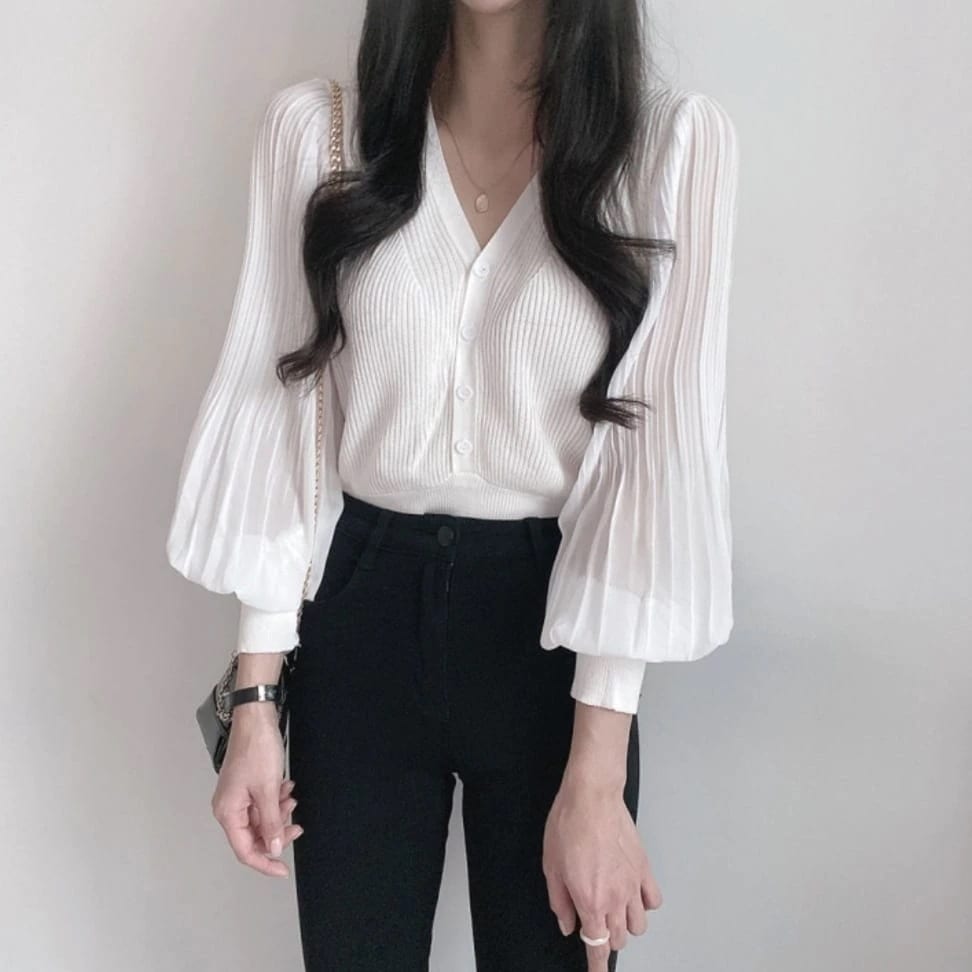 カーディガン トップス ブラウス アウター 羽織り ショート丈 袖あり 長袖 Vネック シフォン プリーツ リブ 切り替え ストレート ニット クロシェ かわいい おしゃれ ラブリー キュート wto
