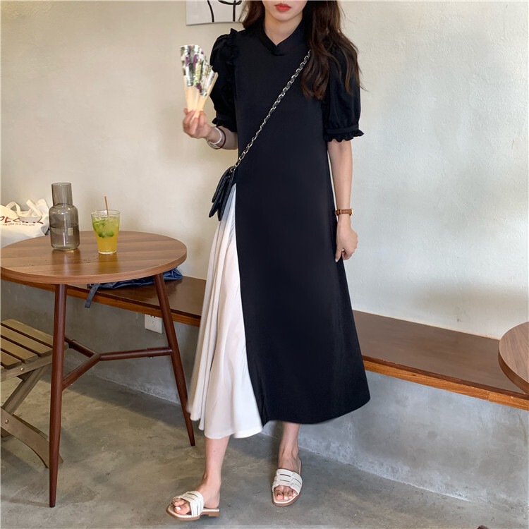 ロング丈 ワンピース ブラック ロング 切り返し カラー パーティー レトロ シック ホワイト