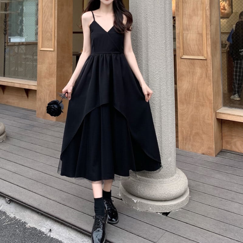 ワンピース キャミソール ロング丈 袖なし 長袖 チュール 切り替えデザイン ツーピース かわいい 大人可愛い シンプル カジュアル 上品 おしゃれ かっこいい レトロ 大人女子 こなれ感 lone0