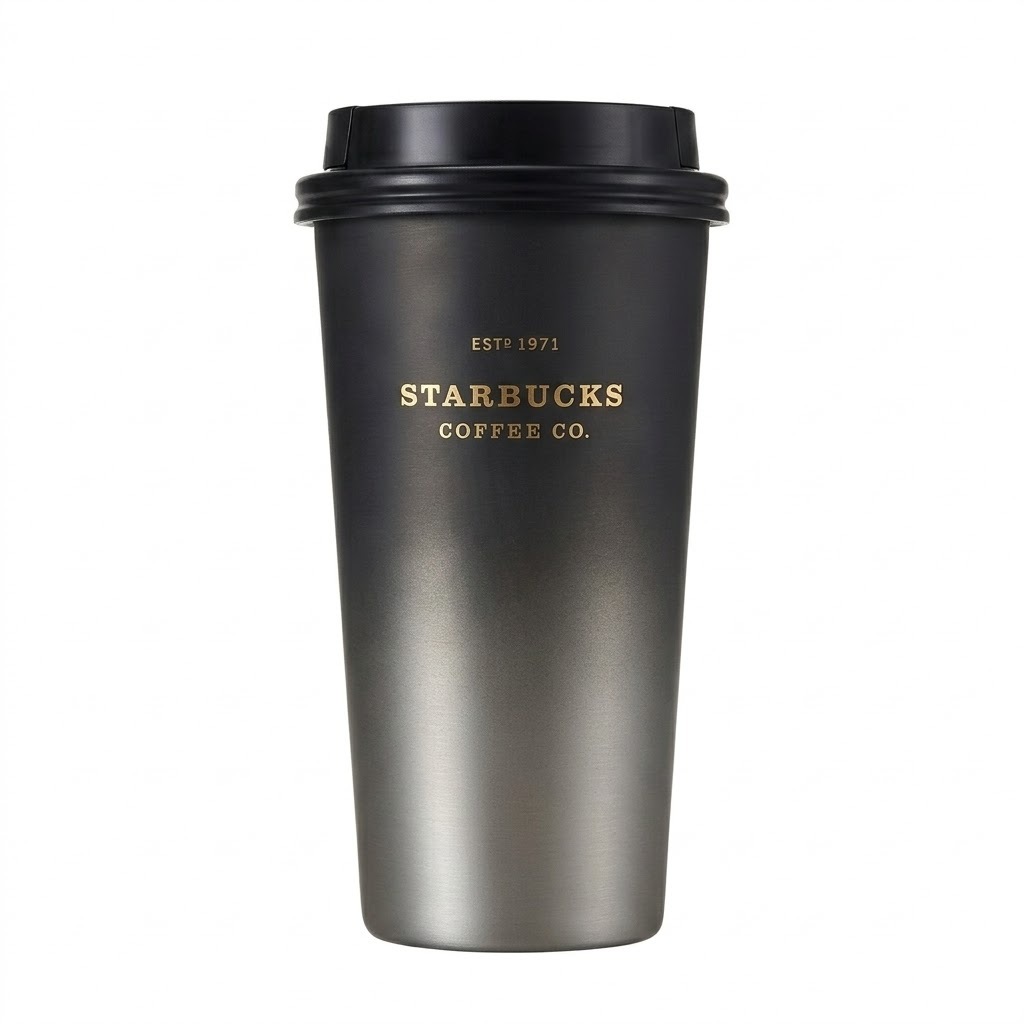 日本未入荷 タンブラー ステンレス 430ml 黒銀 グラデーション ゴールドロゴ 蓋付き 真空断熱 保温 保冷 デスクカップ コーヒーカップ