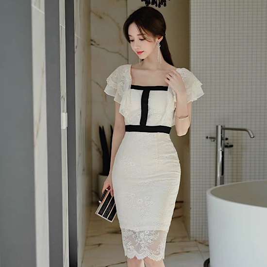 【取寄：納期2週間】結婚式ドレス スクエアネック フリル レース スリムフィット タイト ライン入り 膝丈 発表会 演奏会 レディース 結婚式 ステージ衣装 エレガント ウエディングドレス 4,932円