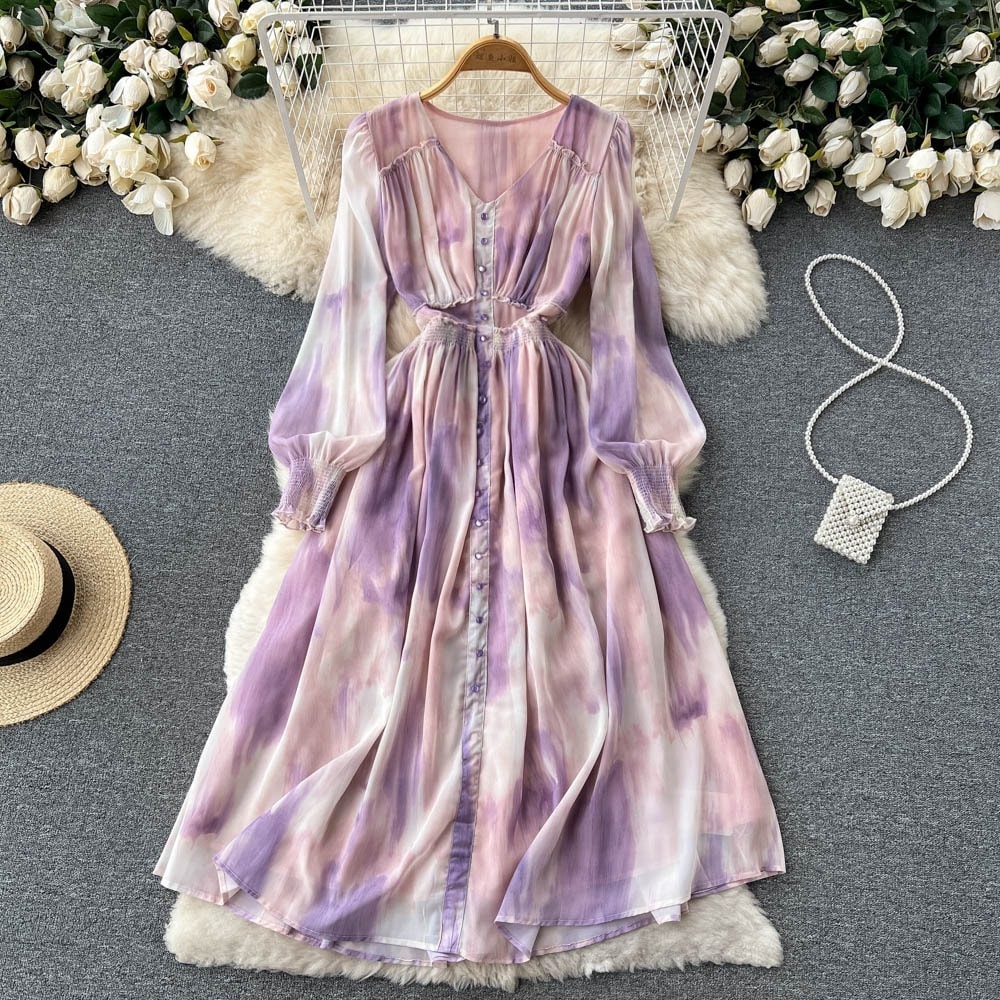 ワンピース レディース 夏 サマー 長袖 袖あり Vネック ドレス 紫 パープル エレガント フェミニン ハイウエスト Aラインスカート ロングスカート 可愛い 大人可愛い フェミニン エレガント お