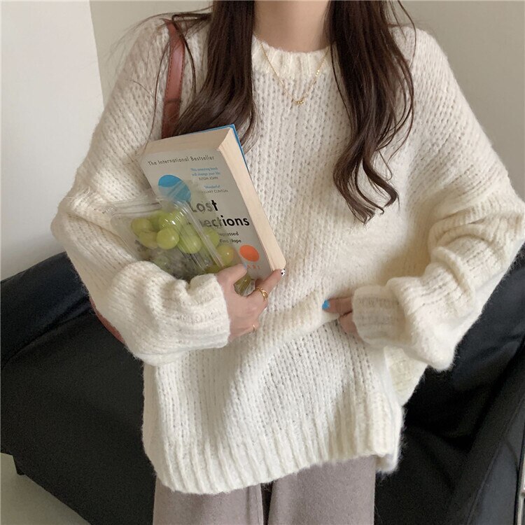 ４色 トップス ニット セーター レディース 秋冬 春 かわいい カジュアル ゆったり 厚手 長袖 長袖 ボリューム袖 ラウンドネック 襟なし ワイド もこもこ ふわふわ ホワイト ブルー ブラウン