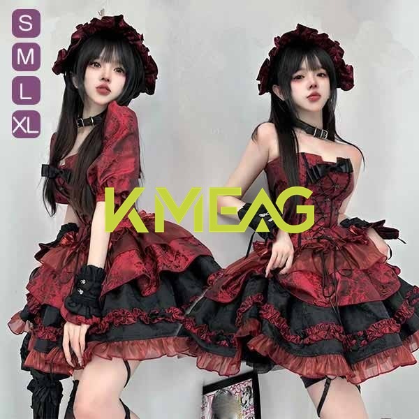 ロリータ ドレス 上下セット ワインレッド ゴシック風 ロリータファッション お姫様風 ワンピース コスプレ衣装 文化祭 学園祭 イベント S M L XL リボン フリル パフスリーブ ビスチェ風