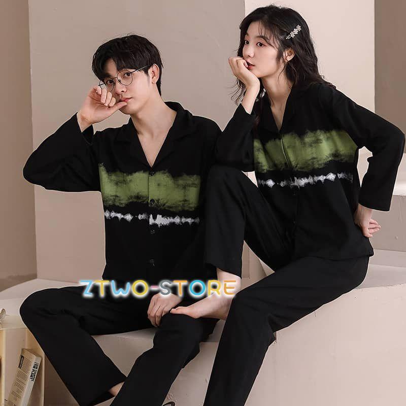 ルームウェア パジャマ 男女 ペアルック カップル お揃い 上下セット コットン 春秋 長袖 前開き 黒系 カジュアル パジャマ 部屋着