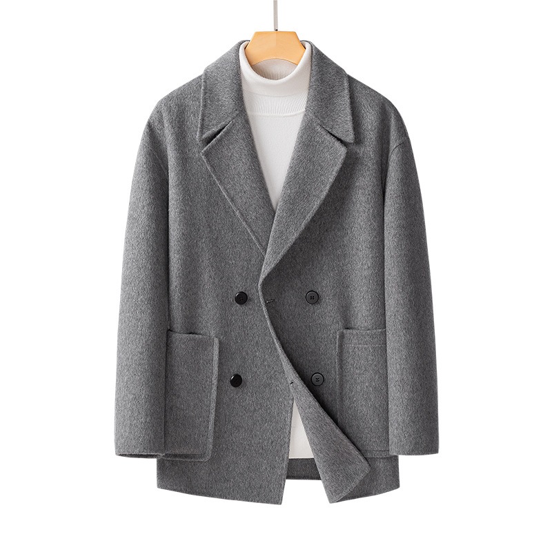 両面ウールツイードスーツジャケットメンズノンカシミヤ高級ショートセクションコート冬ミディアムレングス厚手ウインドブレーカー