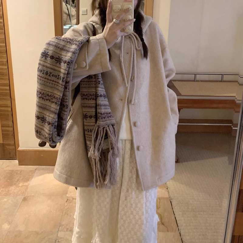 アウターファー毛皮アウター日恋島小麦米連帽系マント綾織オーバーリボンリボン保温潮