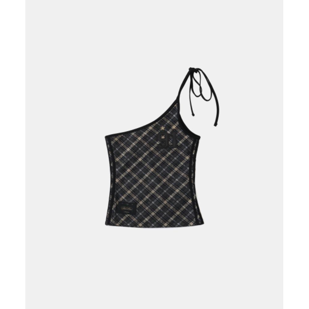 BADBLOOD AQUA Vintage Club One Shoulder Tank Check Black