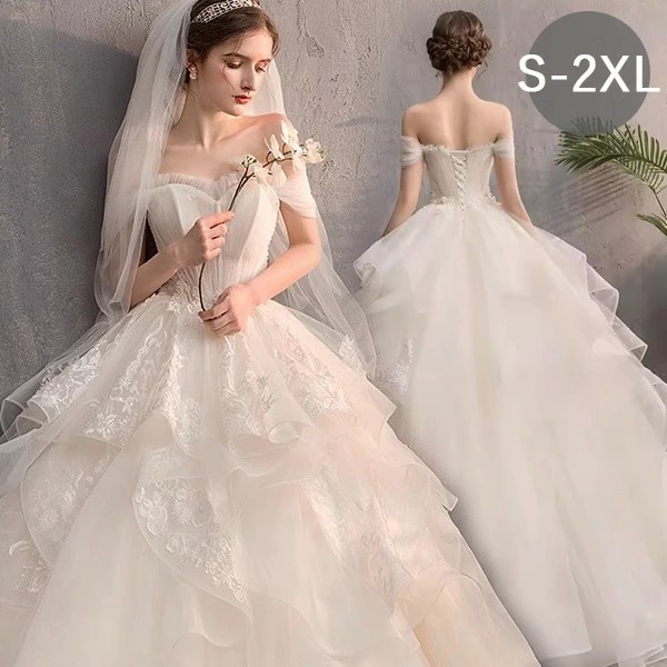 花嫁 ウェディングドレス 白ドレス 大きいサイズ オフショルダー ウエディングドレス 結婚式 着痩せ 編み上げタイプ レース ロングドレス マキシ丈 トレーンドレス 花嫁ドレス 花柄 キラキラ 撮影用