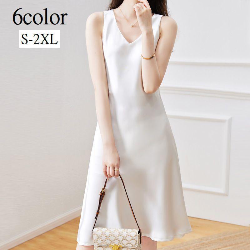 ワンピース レディース 女性用 ノースリーブ Vネック 膝丈 無地 フレア サテン調 シンプル きれいめ 上品 おしゃれ 可愛い エレガント 単色 お
