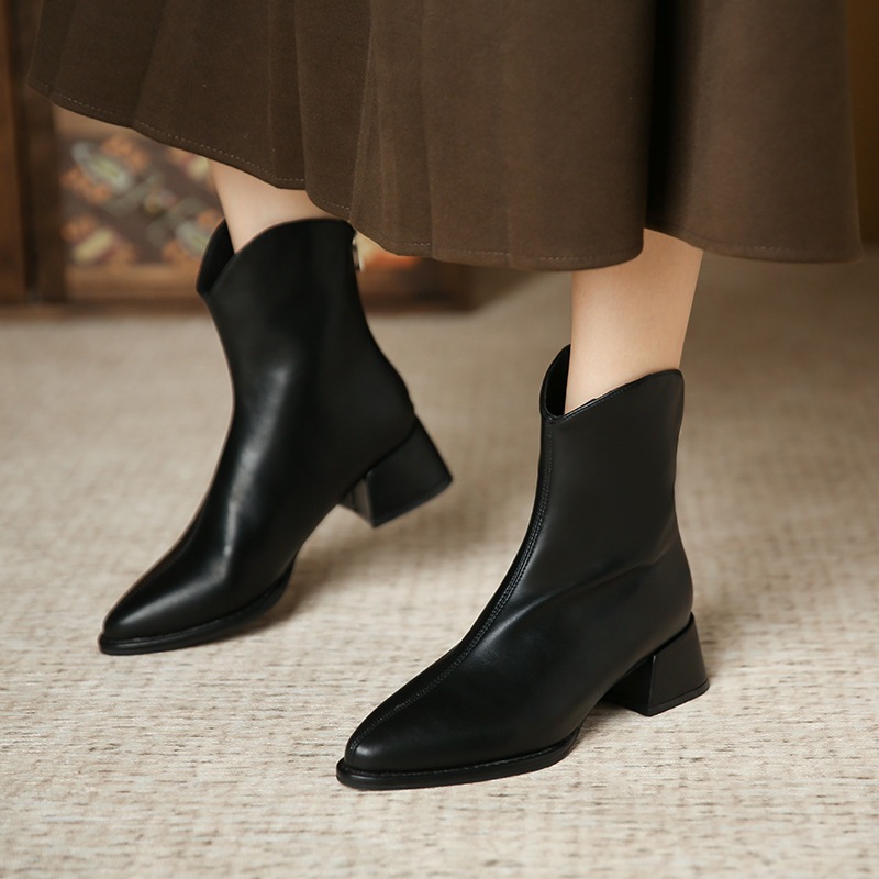 フリース 3321-1 欧米風 チェルシー ポインテッドトゥ ショートブーツ 女性用 秋冬 レディースブーツ ローカット 太ヒール ハイヒール ショートブーツ