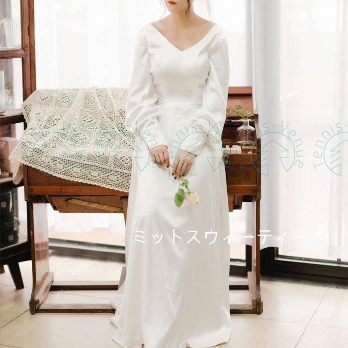 ウェディングドレス Aラインドレス 結婚式 花嫁 二次会 発表会 長袖 白 vネック パーティードレ 13,514円