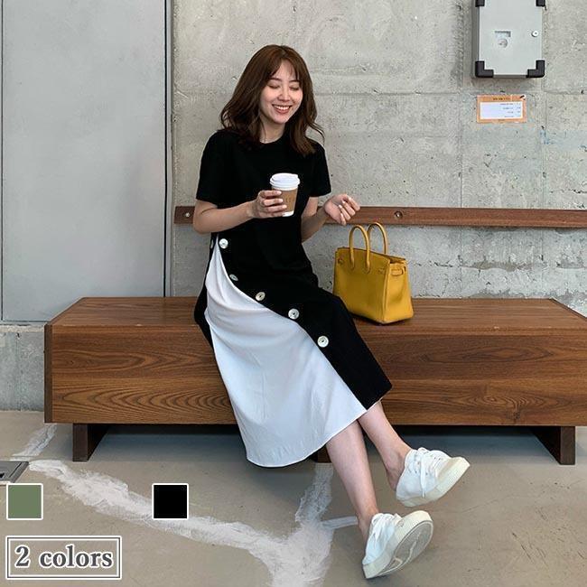 春 夏 ワンピース 夏 レディース 半袖ワンピース 偽二枚 ロングワンピ レトロ サマーワンピース ゆったり 快適 夏ワンピース クルーネック バイカラー