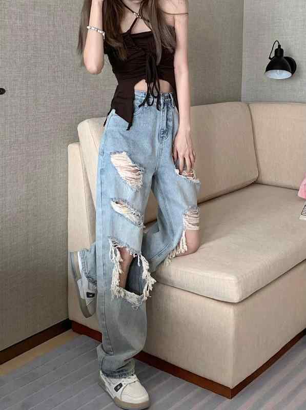 デニムパンツ レディース ダメージ ジーンズ クラッシュ ボトムス ハイウエスト ストレート ワイド 夏 韓国 カジュアル ウォッシュド ブルー