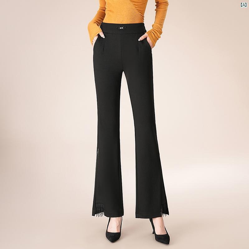 レディース　ファッション　オシャレ　シンプル サイドスリット タッセル マイクロフレア パンツ 春秋 スリムフィット 九分丈 ストレッチ 大きいサイズ ブラック カジュアル