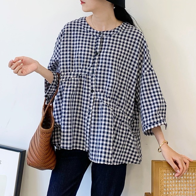 シャツ 七分袖 バンドカラー 切り替えデザイン ギンガムチェック チェック かわいい 大人可愛い きれいめ シンプル カジュアル 大人 上品 おしゃれ 大人カジュアル 大人女子 ラフ キュート 4,805円