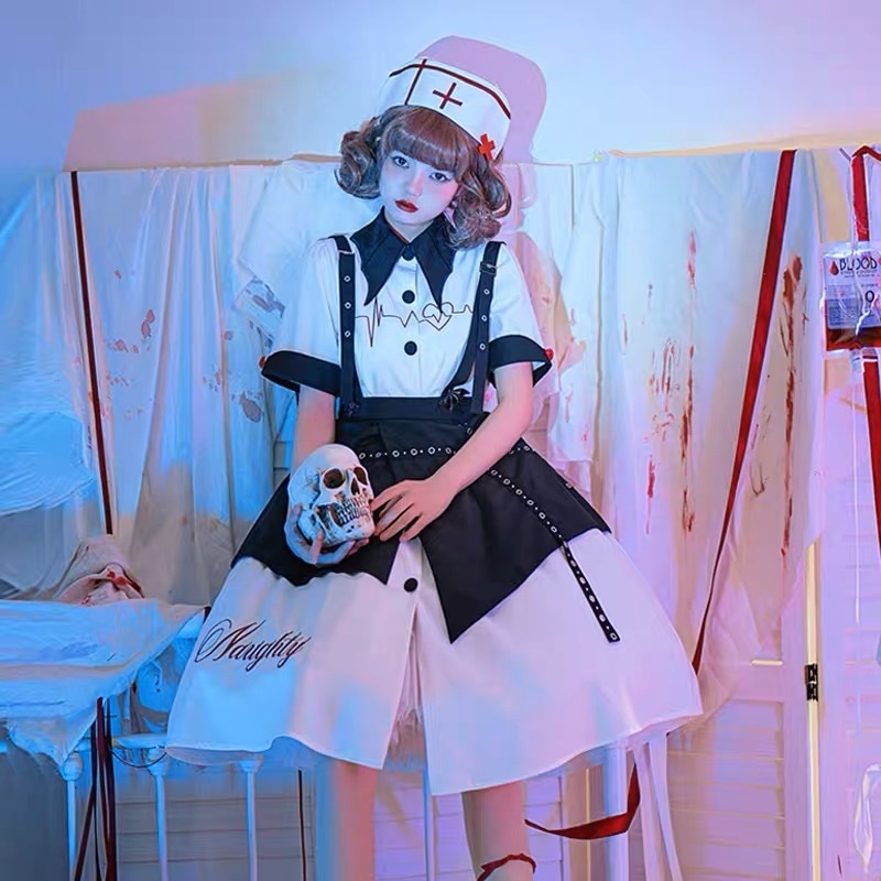 新作オリジナル高質ロリータワンピースとエプロンセットアップナース服可愛い