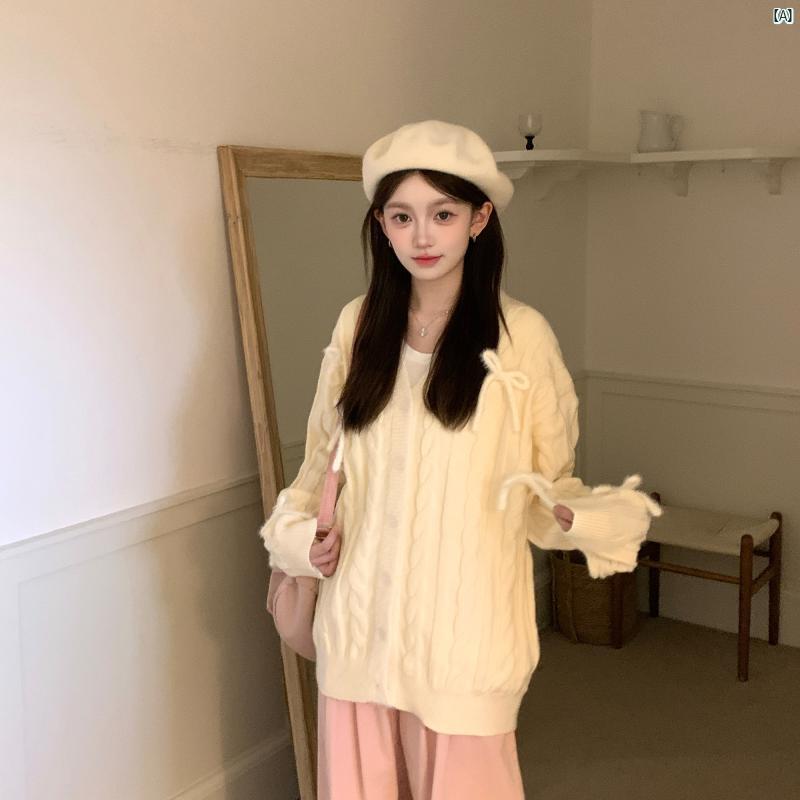 レディース　ファッション　おしゃれ　海外風　かわいい　　ヤング ANDEARDI フレッシュ ガール カジュアル 若々しい ソフト ワックス リボン ニット セーター レディース