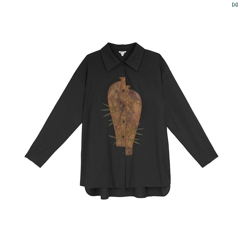 レディース　レディース　ファッション　オシャレ　　モダン　海外風 中華風 ブラック シャツ レディース レトロ 梅 花瓶 パッチ 刺繍 長袖 トップ