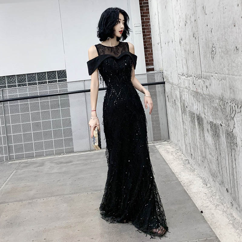 全3色 イブニングドレス マーメイドドレス オフショルダー 黒 ブラック キラキラドレス スパンコール 発表会ドレス ロングドレス 白 ホワイト ワイン赤 結婚式ドレス 二次会ドレス