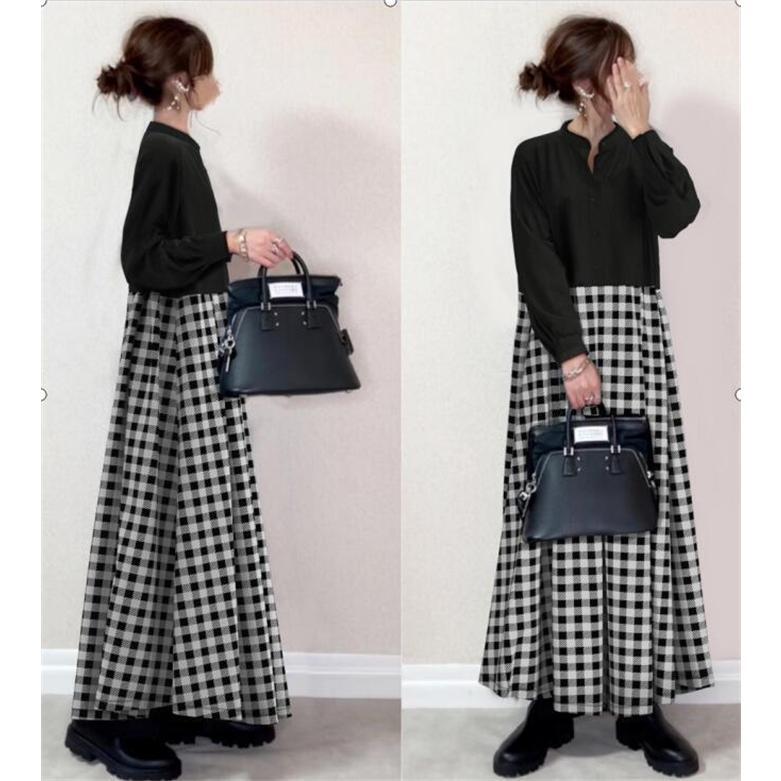 ワンピース ロングワンピース シャツワンピース レディース ロング丈 秋 冬 バイカラー 長袖 体型カバー 秋冬 上品 通勤 OL 着回し レイヤード ゆったり フリーサイズ ブラック