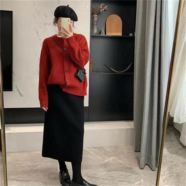 レディース トップス カーディガン ニット 秋 長袖 ブラック レッド あんずいろ ライトニット カジュアル ファッション 通勤 普段着