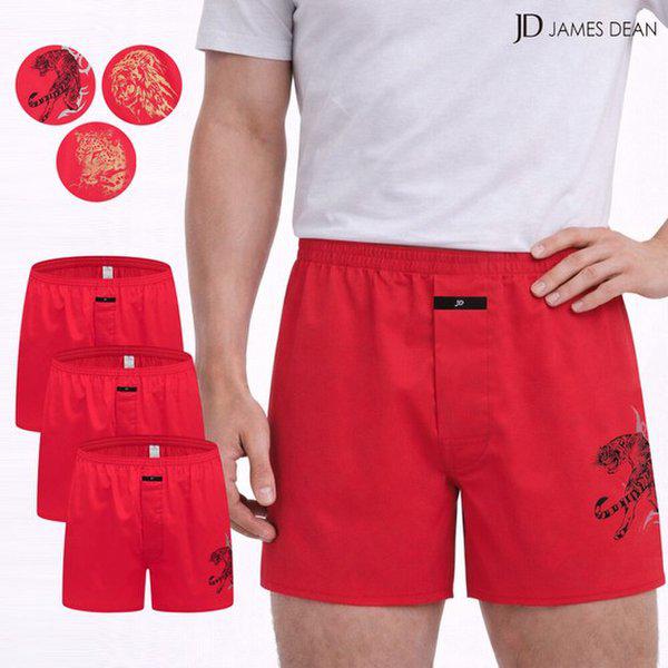 メンズレッドトランク 綿100 純綿 80番手 タイガー 虎 赤いパンツ 3枚セット