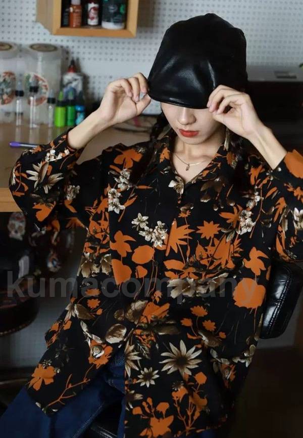 花柄 シャツ ブラウス レディース 長袖 トップス 春秋 襟付き 黒 カジュアル レトロ おしゃれ 春 秋 柄シャツ 総柄 アロハシャツ 羽織りもの ゆったり km