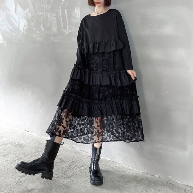 モード系　ボートネックティアードフリルミディドレス 個性的なデザイン ステージ衣装 演出衣装 イベント こせい 個性 特徴あり 新作 TV 主演 ステージ衣装 舞台 おしゃれ