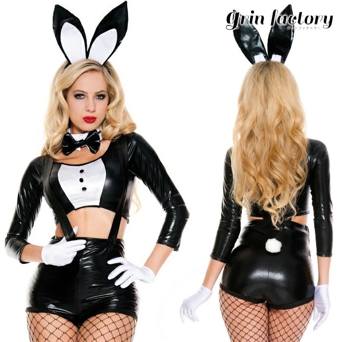 【10％OFFクーポン有27日1:59迄】バニーガール セクシー コスプレ ブラック ホワイト 黒 白 パンツ サスペンダー バニー 服 手袋 タキシード プレイボーイ風 プレイガール風 ボンテージ