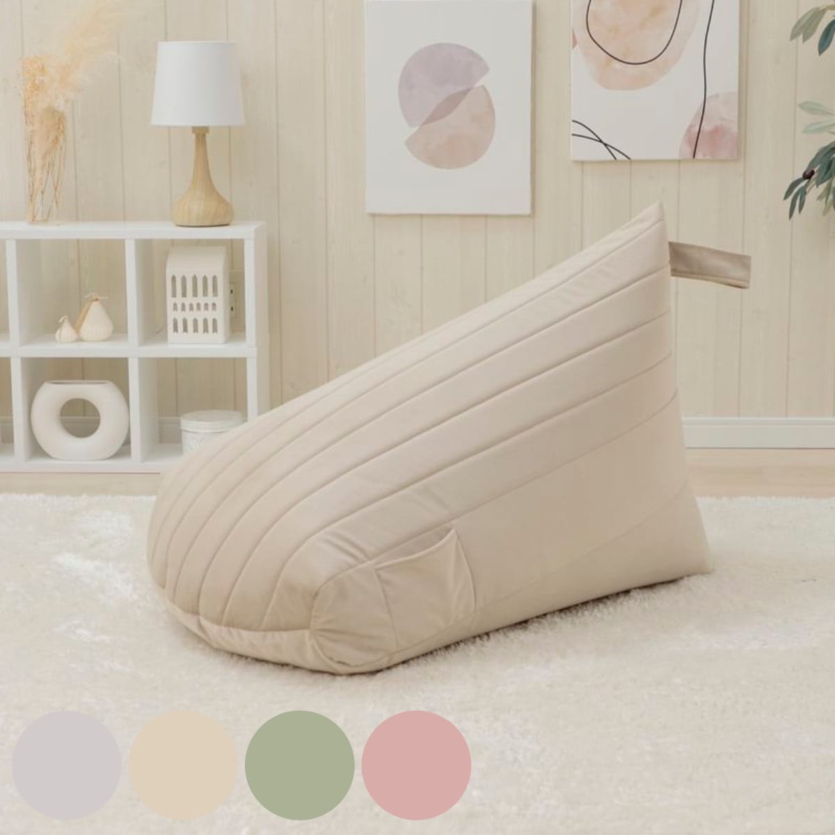 ビーズクッション ベロア 背もたれ ポケット付き クッション ビーズ ミニ ソファ 三角 座椅子 1人掛け 軽量 コンパクト 取っ手 かわいい おしゃれ ベージュ グリーン ピンク グレー