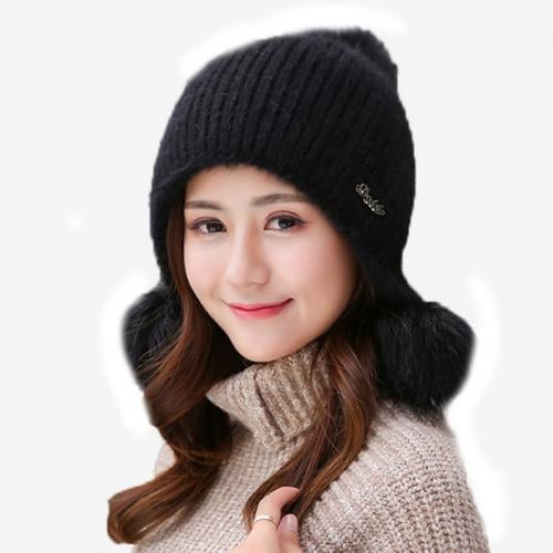帽子 レディース 冬 ニット 大人 ウール 厚手 耳 まで 隠れる 防寒 防風 サイクリング スキー コットン ファー ポンポン かわいい 黒 白 グレー