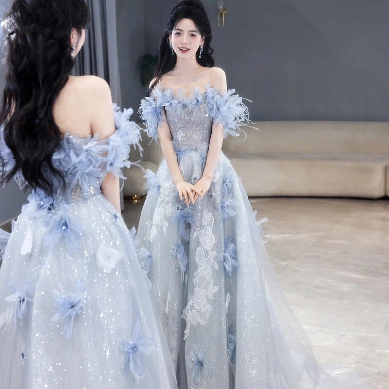 秋 ドレス ブルーワンピース 新作 高級感 ウェディングドレス 結婚式 レディース