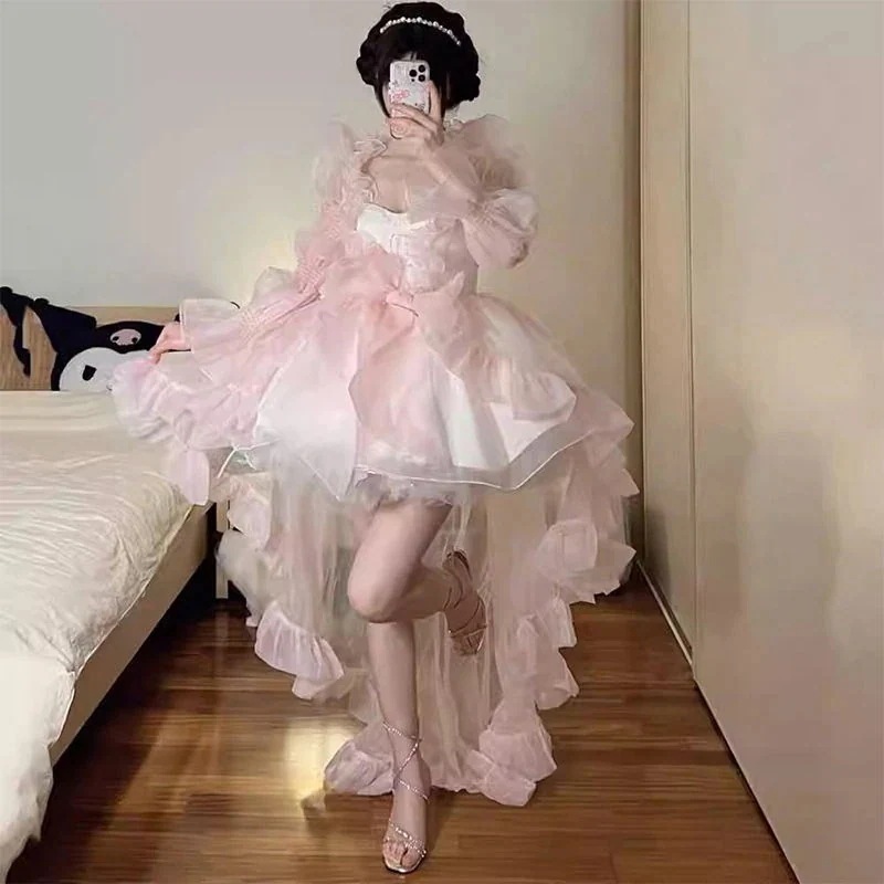 サマー ピンク ドレス プリンセス風 トレーリング ホット イブニング チュチュ スカート ガール
