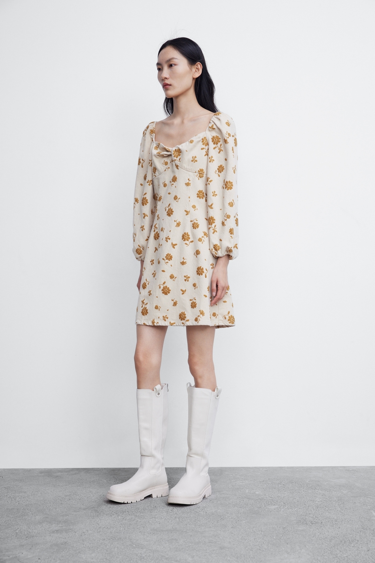 夏 女性 フランス 純粋な欲望スタイル パフ スリーブ トレジャー ドレス カーキ S M L XL ワンピース 袖あり 長袖 Vネック かわいい 大人可愛い きれいめ シンプル カジュアル 大人