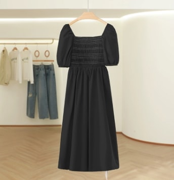 パフスリーブ ウエストマーク スクエアネック デコルテ ワンピース ロング丈 半袖 5分袖 ルーズ スリム 細身 ストレート スマート シフォン もこもこ 伸縮性 薄手 かわいい 大人可愛い シンプル