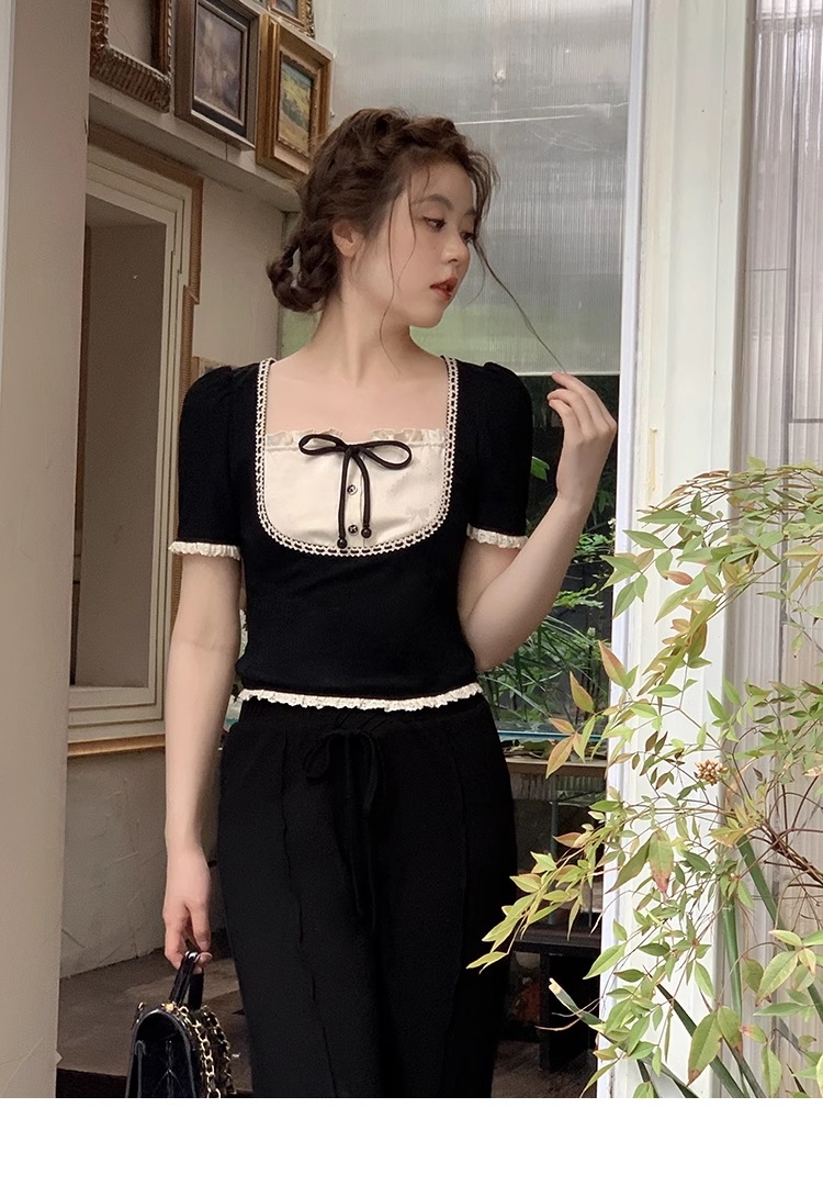 夏 黒 スクエアカラー ちょう結び ニット半袖 tシャツ 大きいサイズ 個性的 トップス Tシャツ シャツ 袖あり 半袖 スクエアネック 襟なし かわいい 大人可愛い きれいめ 大人 上品 おしゃれ