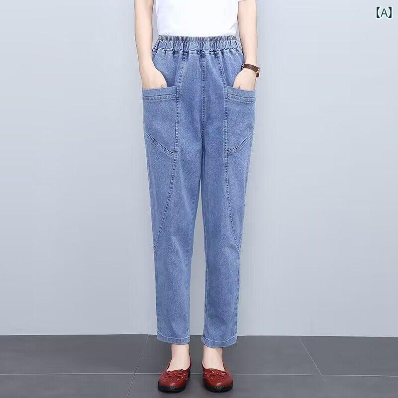 ジーンズ デニム パンツ ズボン ウエストゴム レディース シニア 股上深め 大きめサイズ 楽ちん 太もも ふくらぎ シニア 春夏 薄手 9分丈 ワイド テイパード ストレート ボトムス 体型カバー