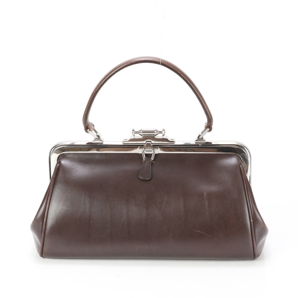 美品 がま口 トップハンドル シルバー 金具 レザー ハンドバッグ トート ショルダー ブラウン 茶色 レディース ERE BF7-2 中古