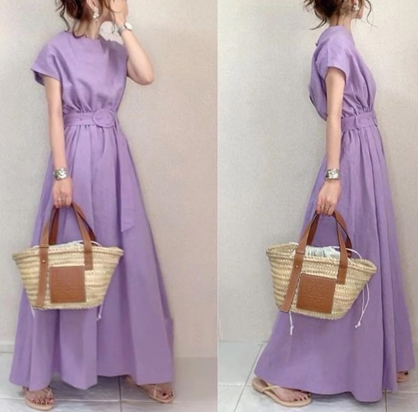 ワンピース マキシ丈 袖あり 半袖 襟なし フレア デザイン ギャザー ウエストゴム 美ライン ニュアンス ベルト カラバリ かわいい 大人可愛い きれいめ シンプル カジュアル 大人 上品 おしゃれ