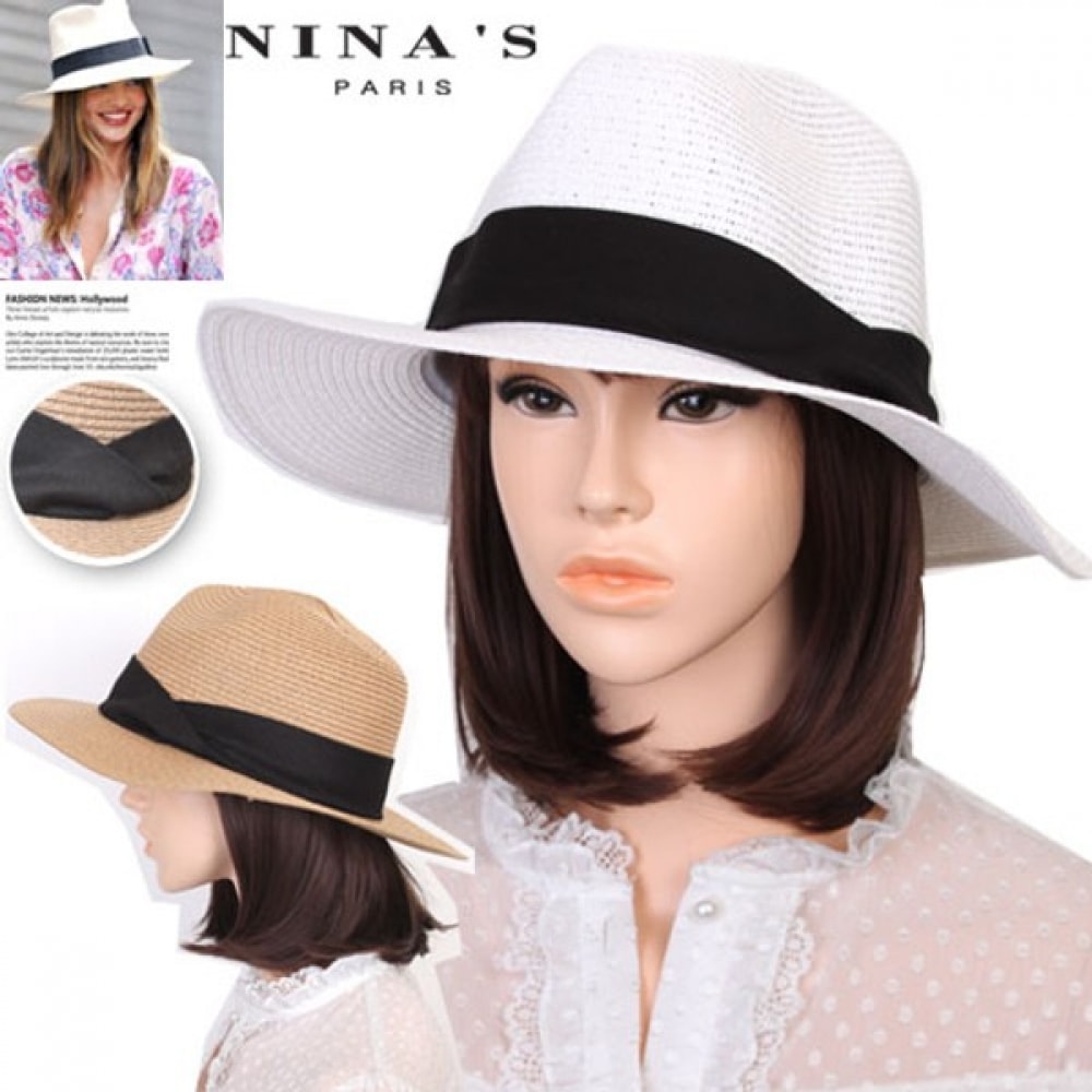 (Ninaspari) ツイストブラックテープ付きプレミアムパナマハットストローハット (7SH139)