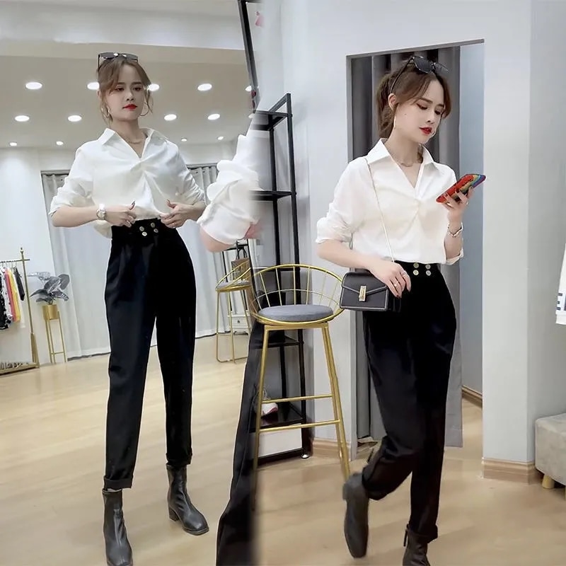 セットアップ シャツ ブラウス プルオーバー 白シャツ 白トップス テーパードパンツ アンクル丈 長袖 Vネック 襟付き ウエストマーク ポケット ハイウエスト ポリエステル かわいい 大人可愛い