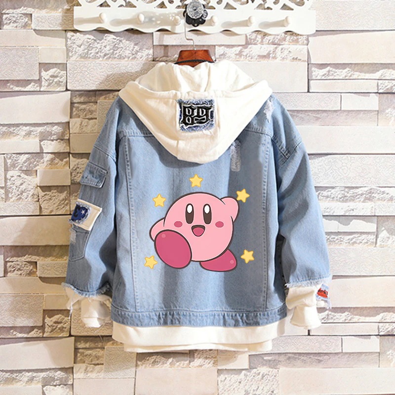 カービィ 和風 かわいい ピンク オーバーサイズ デニムジャケット 女性用 春秋 小柄な人 ゆったり カジュアル ニッチ