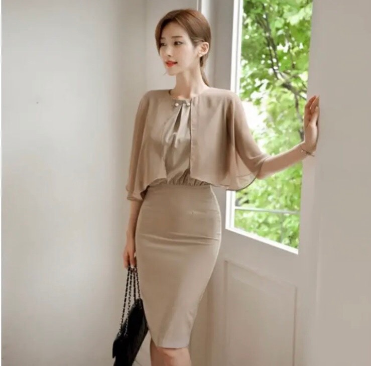 エレガント ポンチョスリーブ タイトワンピース シフォン 無地 ミディアム パーティー 結婚式 1001 6,582円