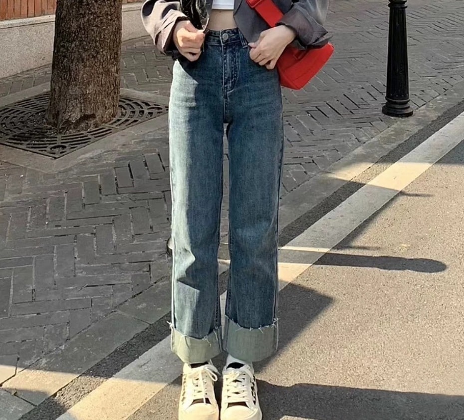 レディース パンツ ボトムス デニム ストレート ポケット ハイウエスト 大人可愛い カジュアル おしゃれ かっこいい レトロ 20代 ストリートファッション ロールアップ 脚長 アメカジ 春 秋