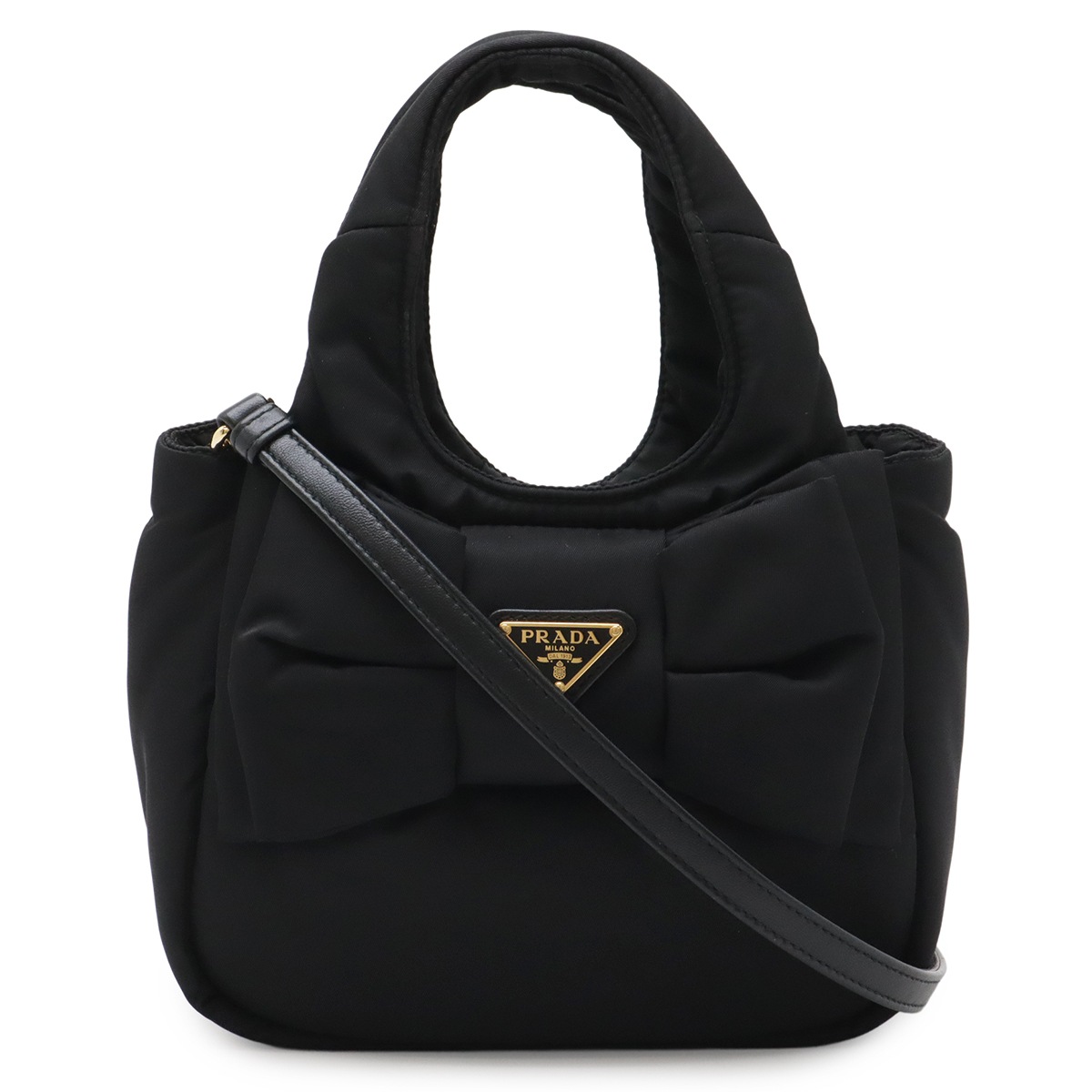 パデッドRe-Nylon リボン ハンドバッグ ミニバッグ 2WAY ショルダーバッグ 斜め掛け ナイロン NERO 黒 ブラック ゴールド金具 1BA35